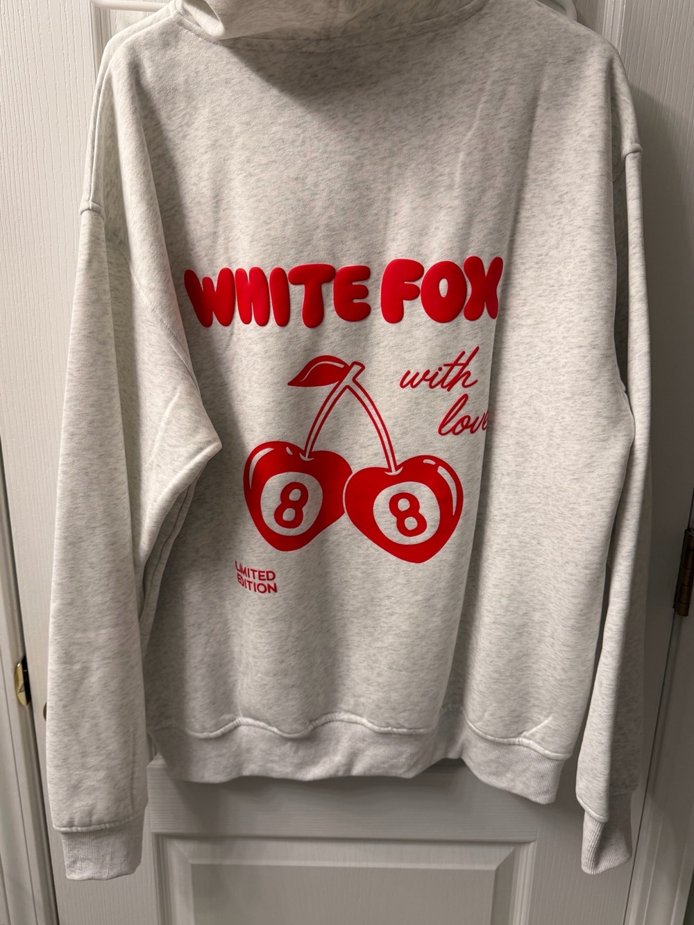 White Fox Boutique Light Gray Crewneck Hoodie with Red Logo